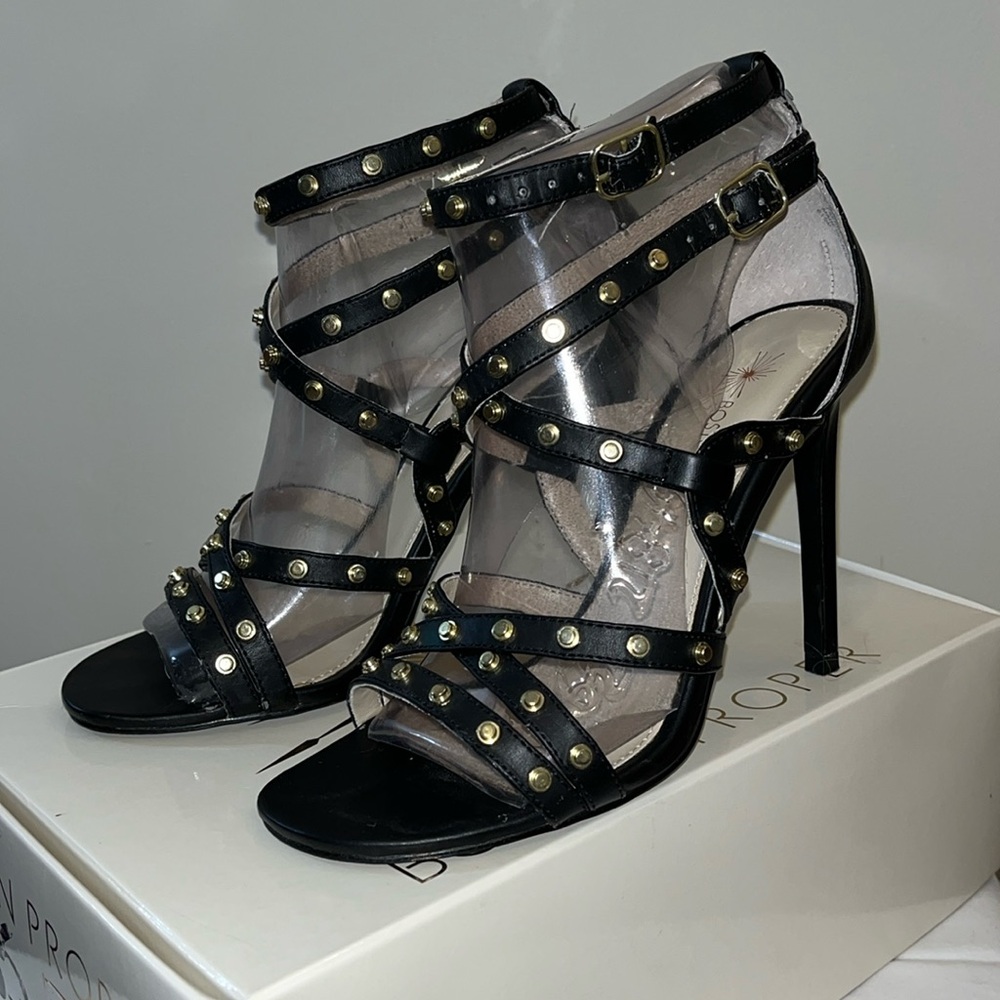Boston Proper Strappy studded black and gold stiletto sandal